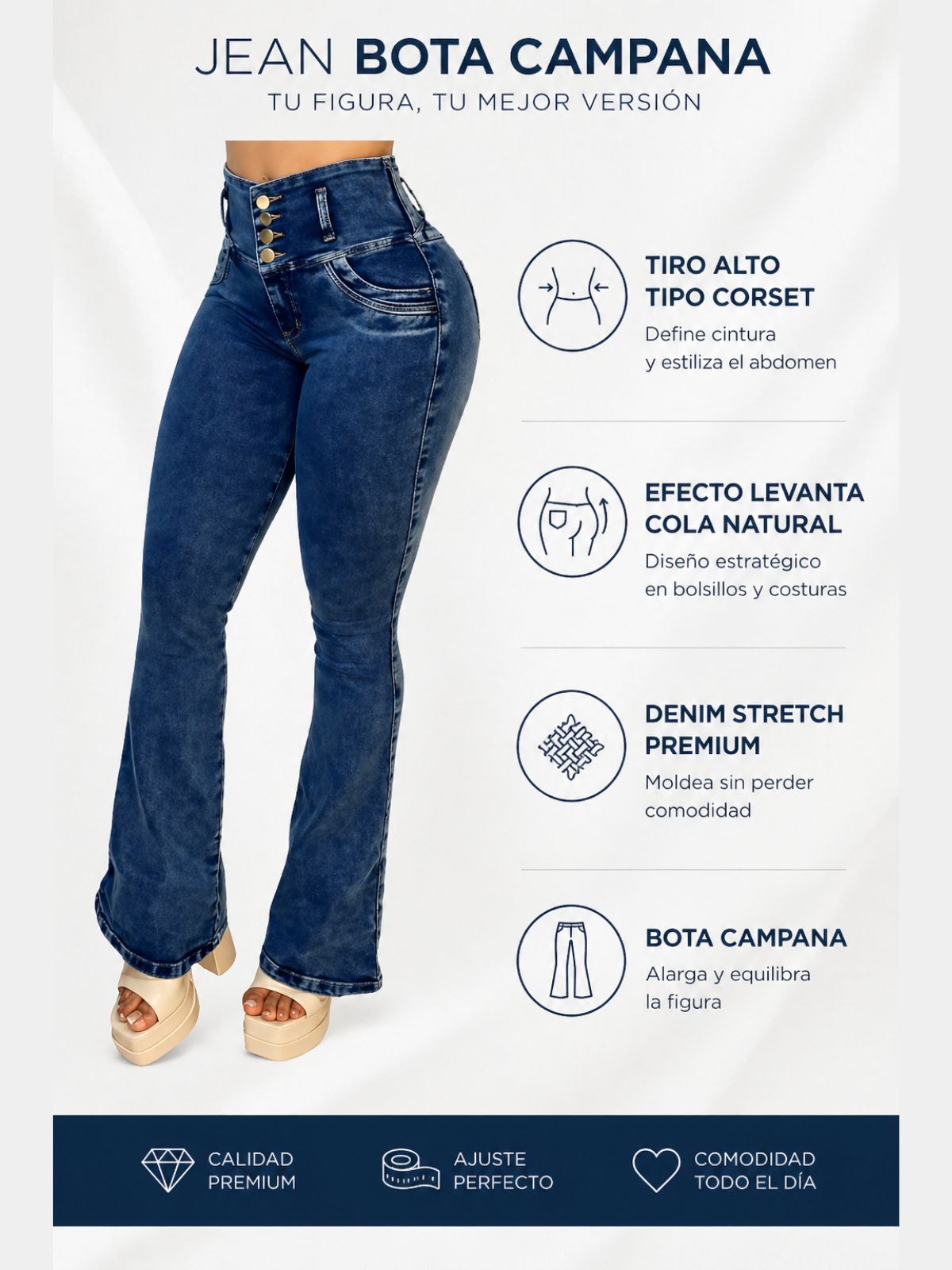 JEAN BOTA CAMPANA TIRO ALTO CORSET AZUL CLÁSICO