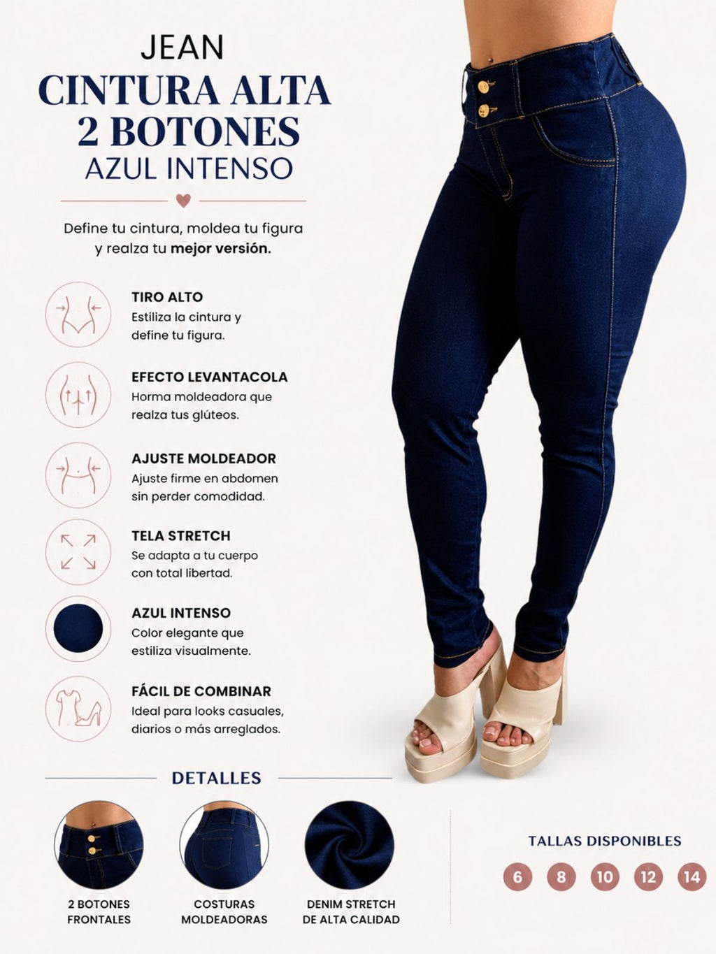 JEAN CINTURA ALTA 2 BOTONES AZUL INTENSO (Ref Natalia)