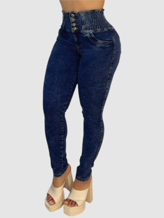 JEAN CINTURA AVISPA AZUL OSCURO (Pretina ancha con fruncido/elástico)