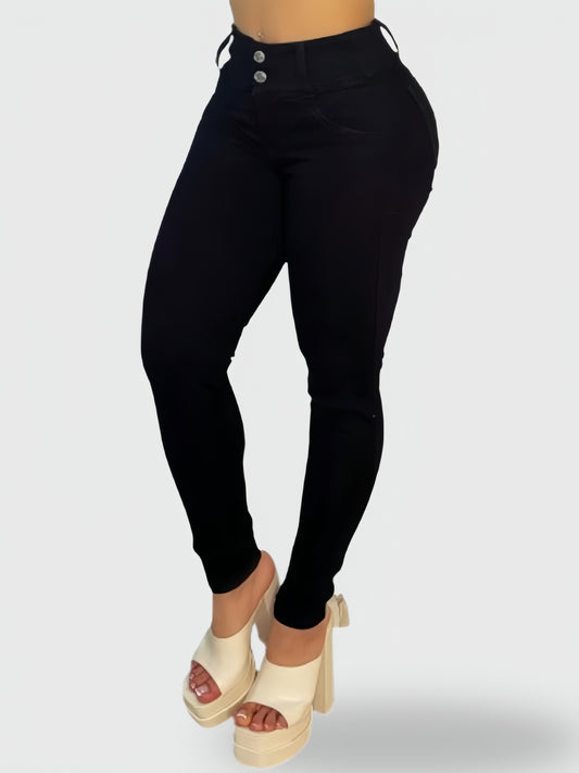 JEAN SKINNY TIRO ALTO LEVANTA COLA NEGRO CLÁSICO