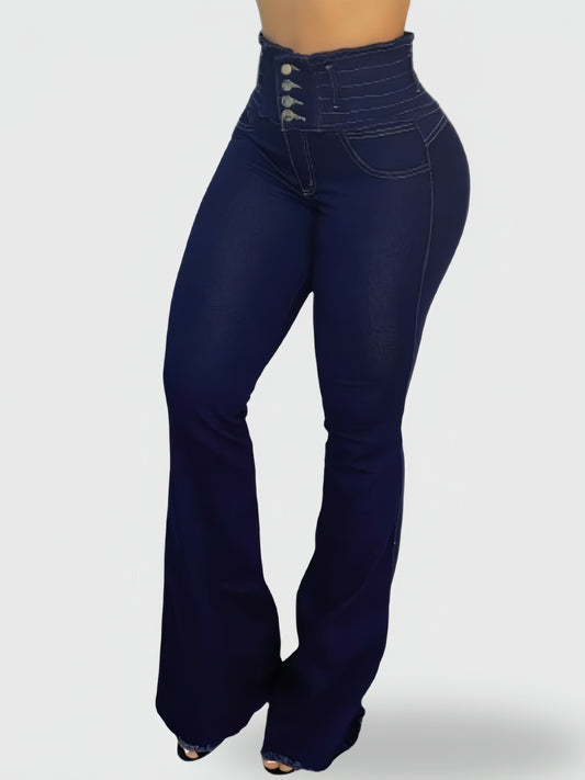 JEAN BOTA CAMPANA TIRO ALTO CORSET AZUL OSCURO