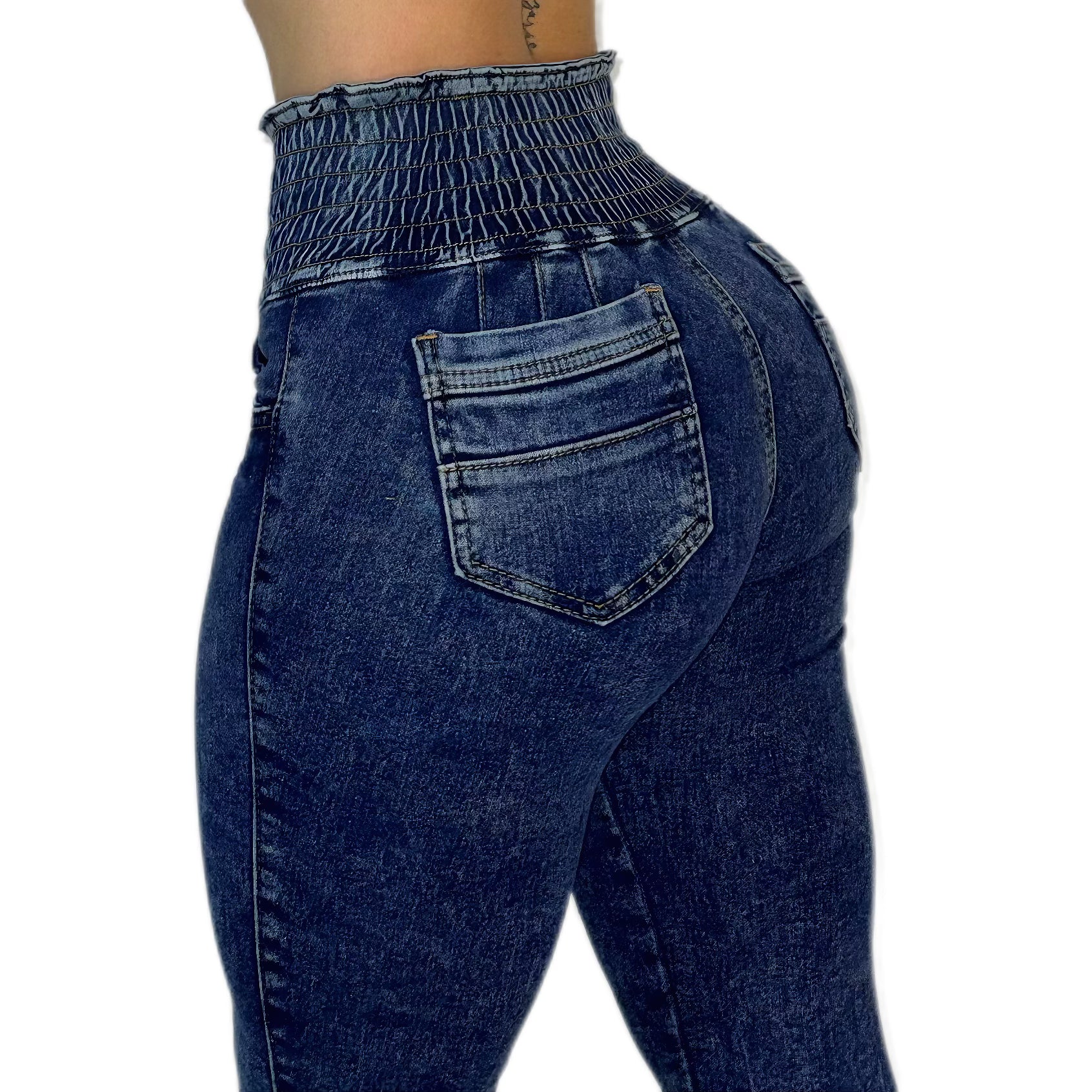 JEAN CINTURA AVISPA AZUL OSCURO (Pretina ancha con fruncido/elástico)